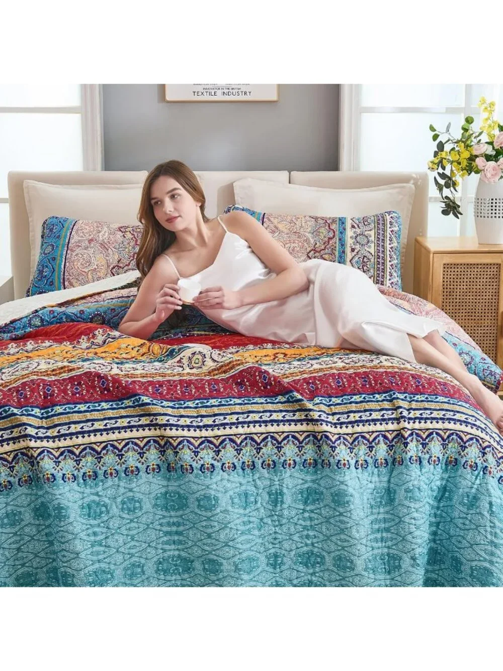 Oversized Boho Quilt Set - 3 Piece Bedspread in Beige, Cozy Home Decor